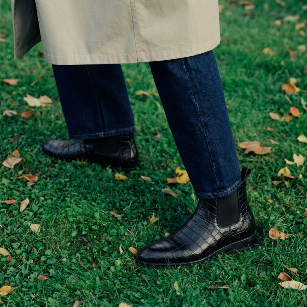 The Juhu Black Croco Chelsea Boots
