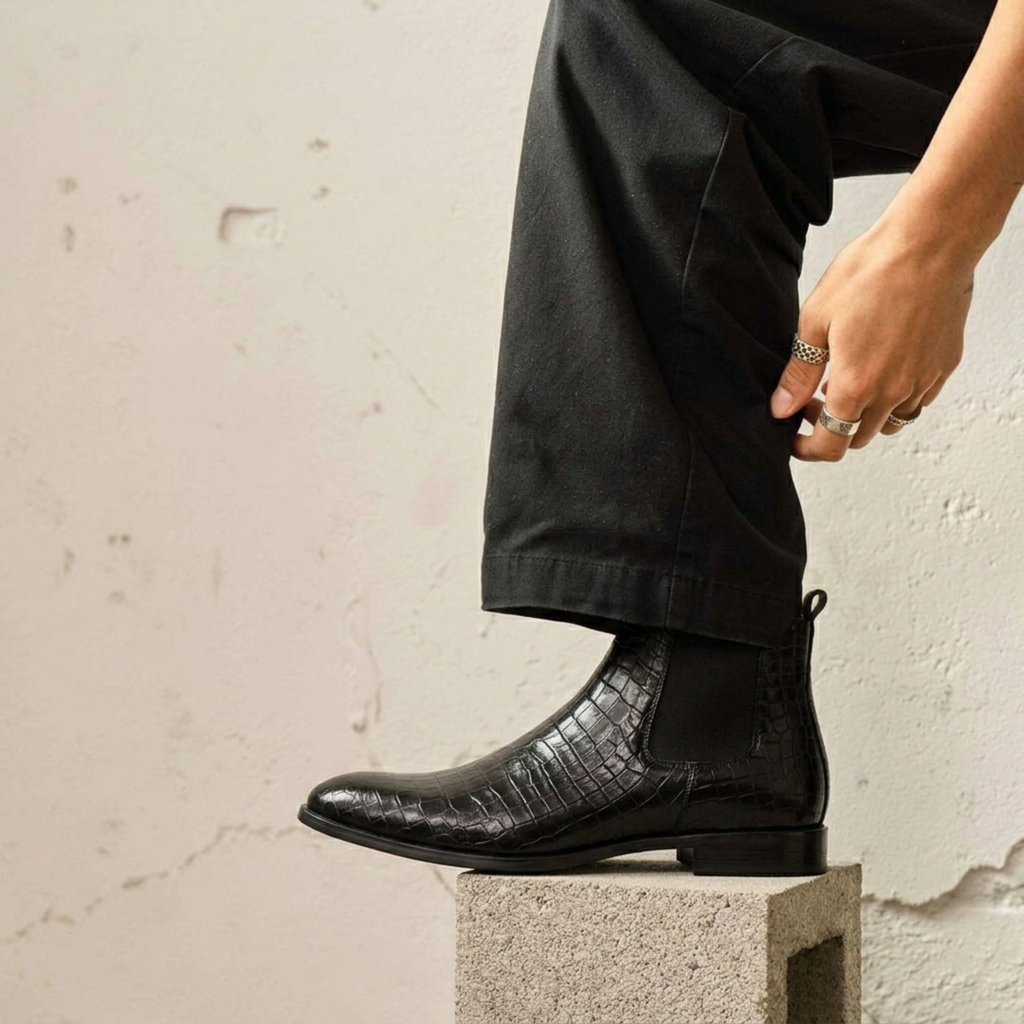 The Juhu Black Croco Chelsea Boots